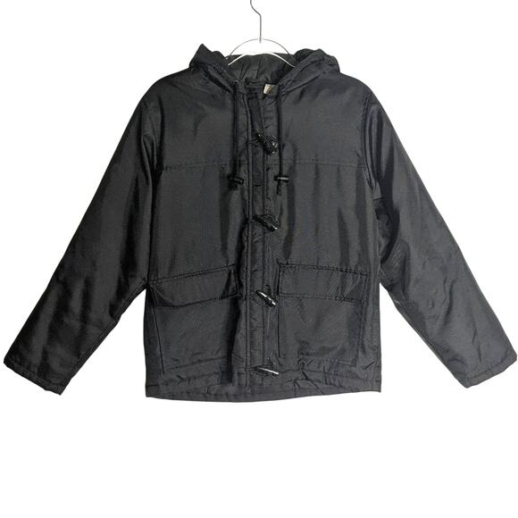 Vintage 90's Pale Nylon Utility Cargo Black Hooded Jacket Toggle Buttons M - Picture 1 of 9